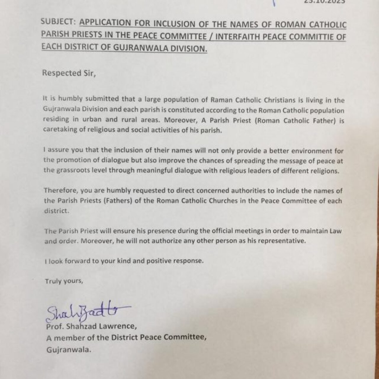 On The 23rd Day Of October 2023,  I Presented A Written Application To Include The Names Of Roman Catholic Parish Priests In The Peace/Interfaith Committees Of Each District Of The Division